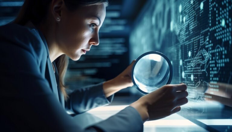 Young businesswoman searches data with magnifying glass generated by AI